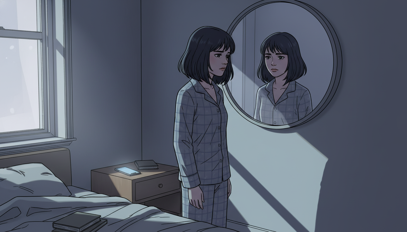 Девушка разочарована отражением в зеркале